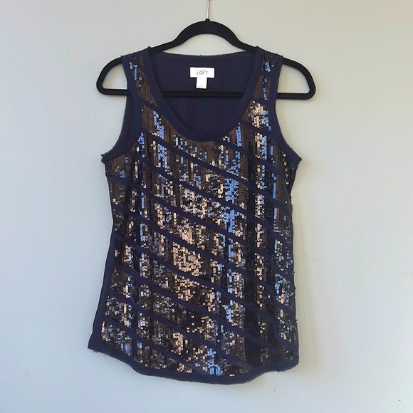Ann Taylor Loft sequinned Navy tank. Worn once - Picture 1 of 6